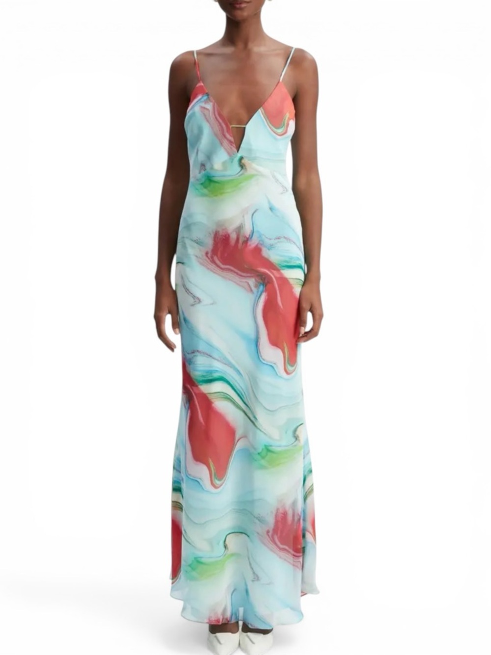 Bardot Dress Women Slip Maxi Blue Red Graphic Print XXL Spaghetti Strap NWT